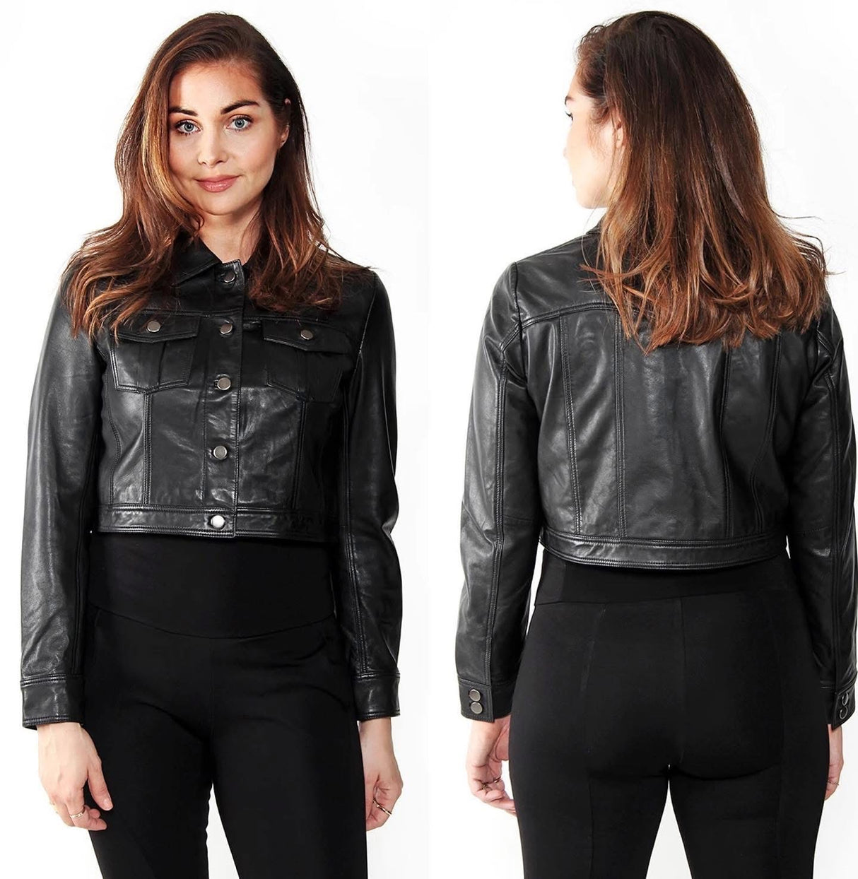 Leðurjakki Crop hnepptur svartur