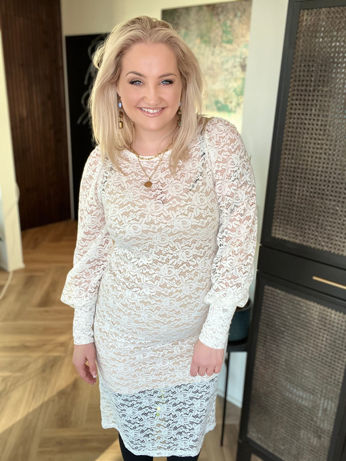 Kolla blúndu kjóll Hvítur