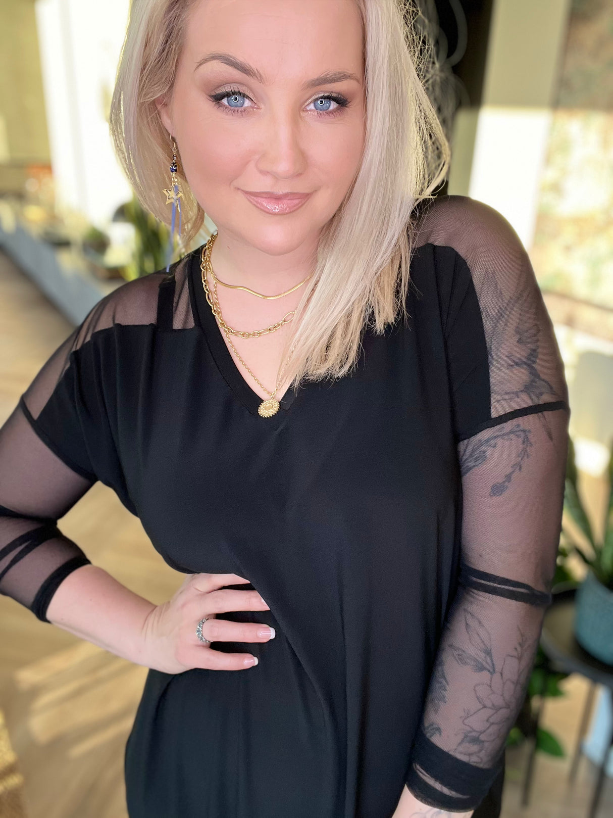 Brim síður V-hálsmál svartur/mesh