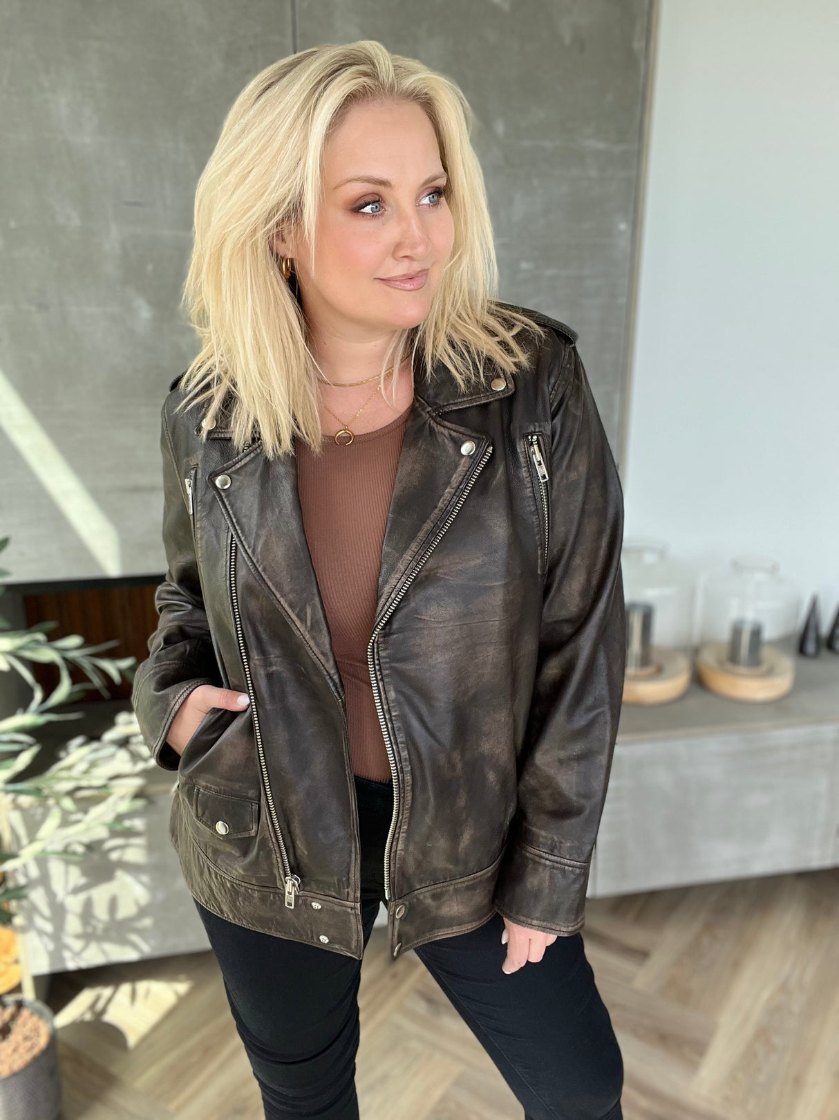 Leðurjakki Biker oversize brúnn