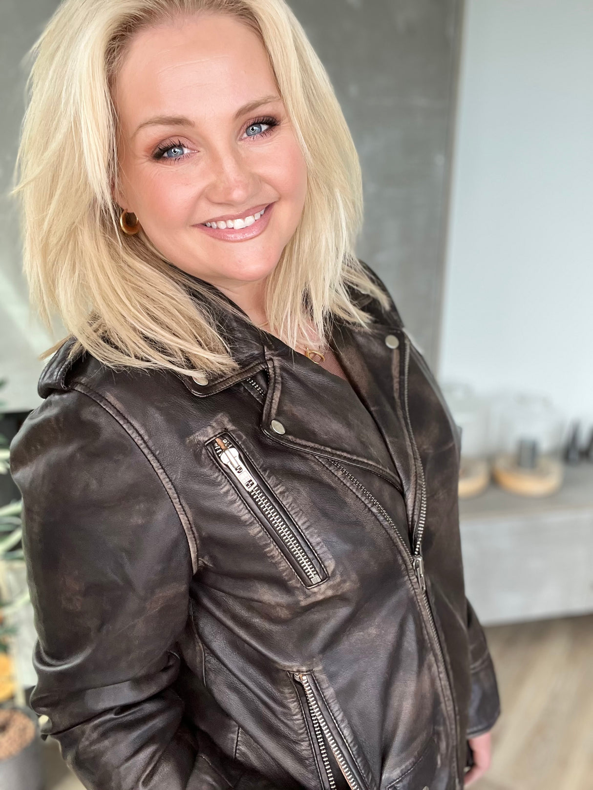 Leðurjakki Biker oversize brúnn